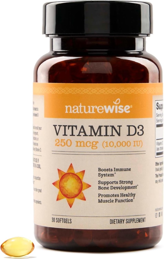NatureWise vitamín D3 10 000 IU (250 μg) 30-dňový zdroj - vysoká potencie pre zdravú imunitnú podporu a svalovú funkciu, non-GMO, bezlepkové v organickom extra panenský olivový olej, (Mini Softgel), 30 Počet