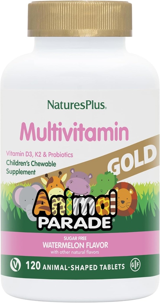 Natures Plus Animal Parade Gold Multivitaminas para nenos Chewables - Watermelon Flavor - 120 Tablets para animais - Vitamina D3, K2 & Probióticos - Vegan, Gluten gratis - 60 Servizos totais