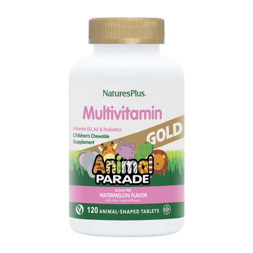 NaturesPlus Animal Parade Gold Multivitamin Children’s Chewables - Watermelon Flavor - 120 Animal-Shaped Tablets - Vitamin D3, K2 & Probiotics - Vegan, Gluten Free - 60 Total Servings