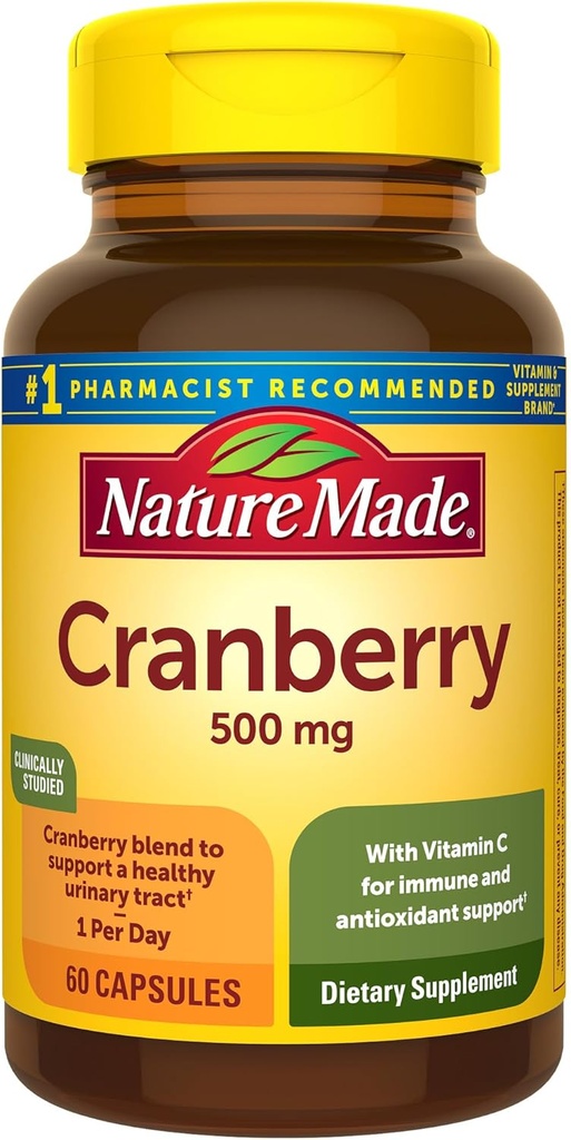 Nature Made Cranberry Suplemento 500mg com vitamina C para suporte imunológico e antioxidante, Cranberry Blend para saúde do trato urinário, Um por dia, 60 Cápsulas