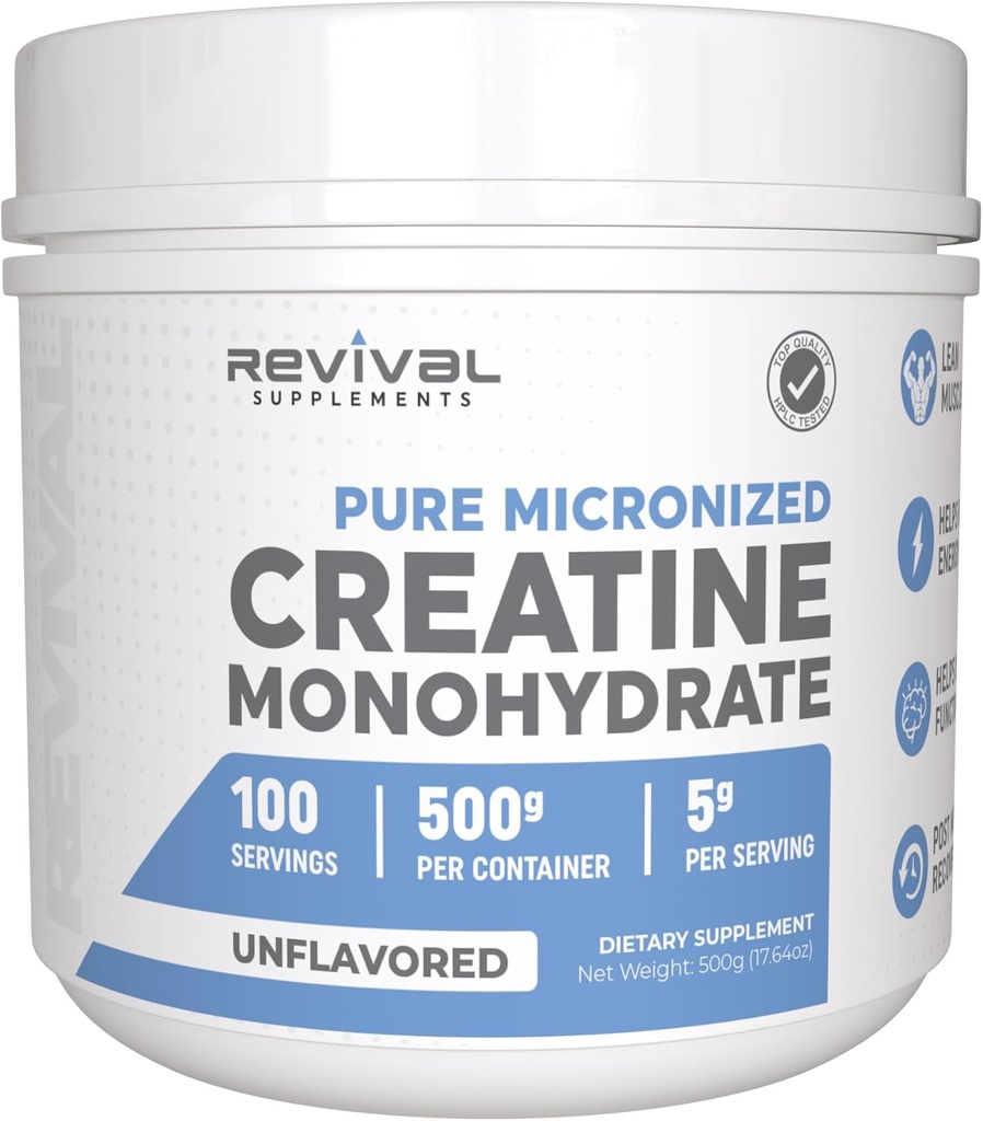 Revival Premium Micronized Creatine Monohydrate - HPLC Tested 100% Pure Grade - 500g (100 Servings) - Supports Lean Muscle Growth - Maximum Absorption - Unflavored - Made in USA & 3rd Party Lab Tested