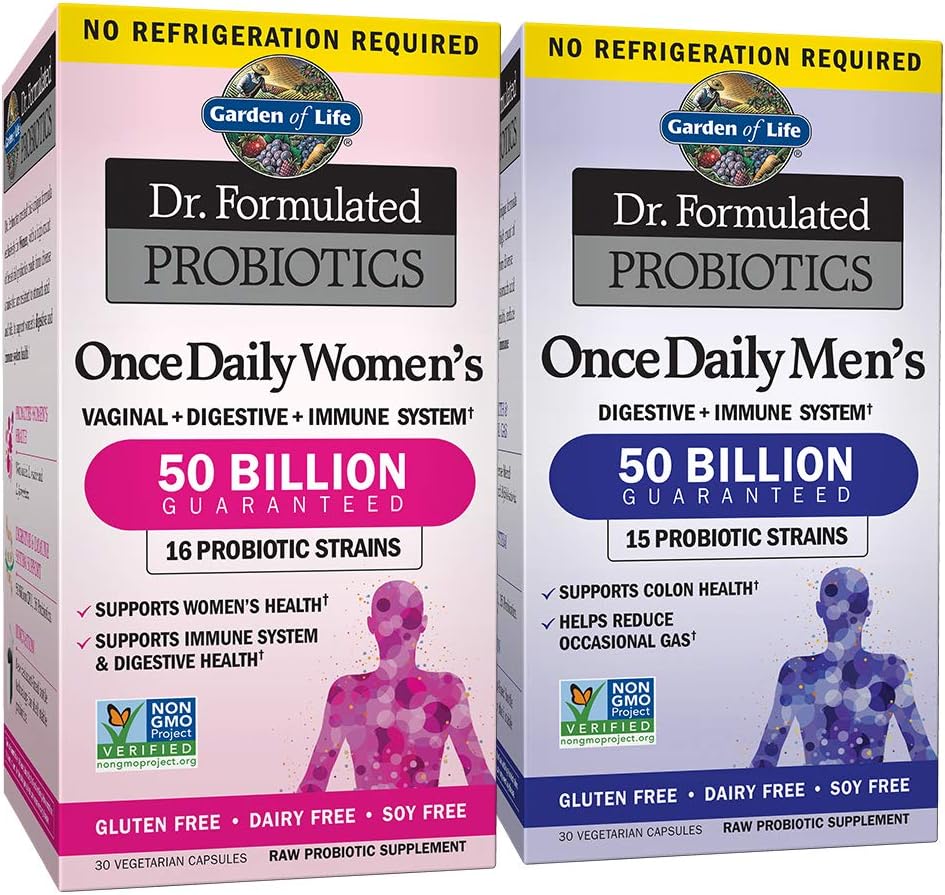 גן החיים Probiotic Bundle: Dr. Formulated Once Daily Women's & Men's Probiotics, 50 מיליארד CFU Shelf Stable, non-GMO Probiotic for Men & Women with Prebiotic סיבים, 30 קפסולות לכל אחד