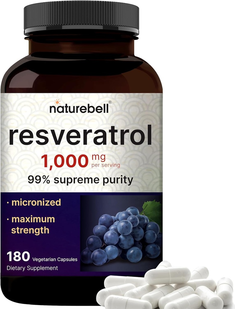 NatureBell Resveratrol Supplement 1000mg Per servering, 180 Veggie kapsler, 99% ren Trans-Resveratrol, Ikke-GMO
