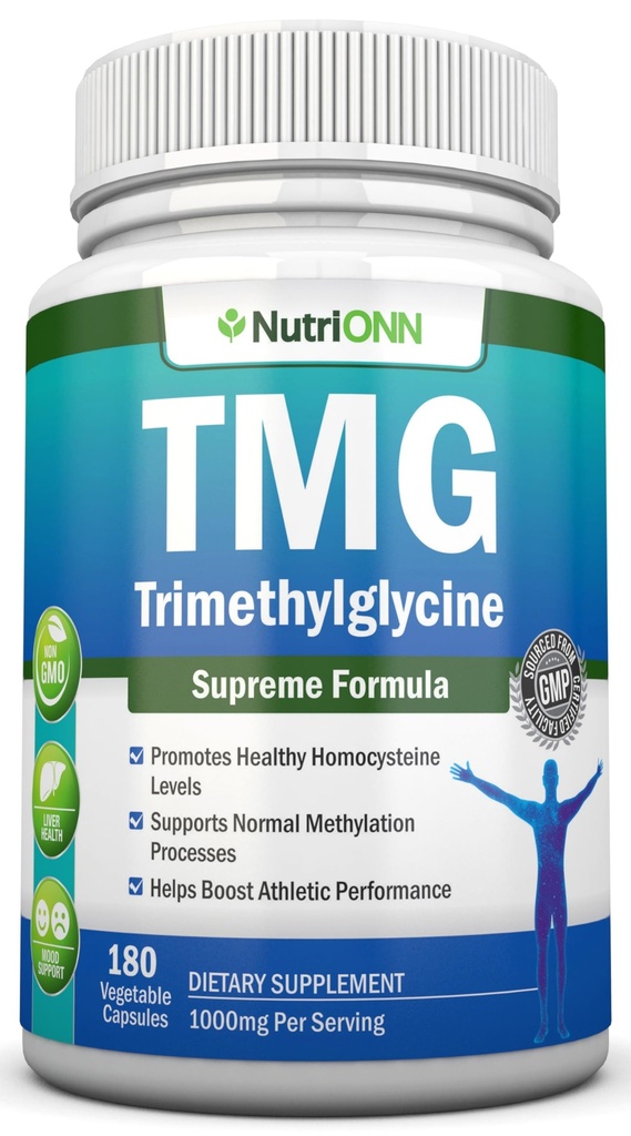 TMG Trimethylglycine Supplement - 1000mg - 180 Capsules - Premium Pure Betaine Anhydrous - Supports Normal Homocysteine & Blood Pressure Levels - Promotes Methylation Processes - Non-GMO Formula
