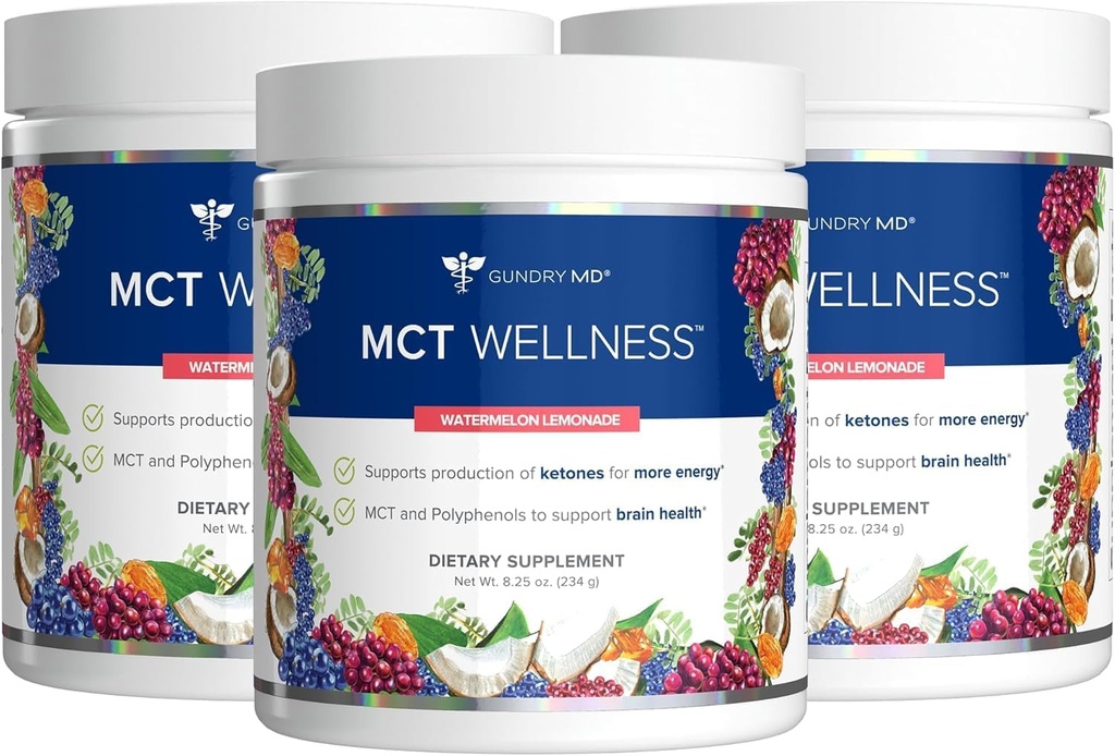 Gundry MD MCT Wellness אבקה לתמיכה באנרגיה, ייצור קיטון ובריאות המוח, Keto Friendly, Sugar Free (90 Day Supply, Watermelon Lemonade)