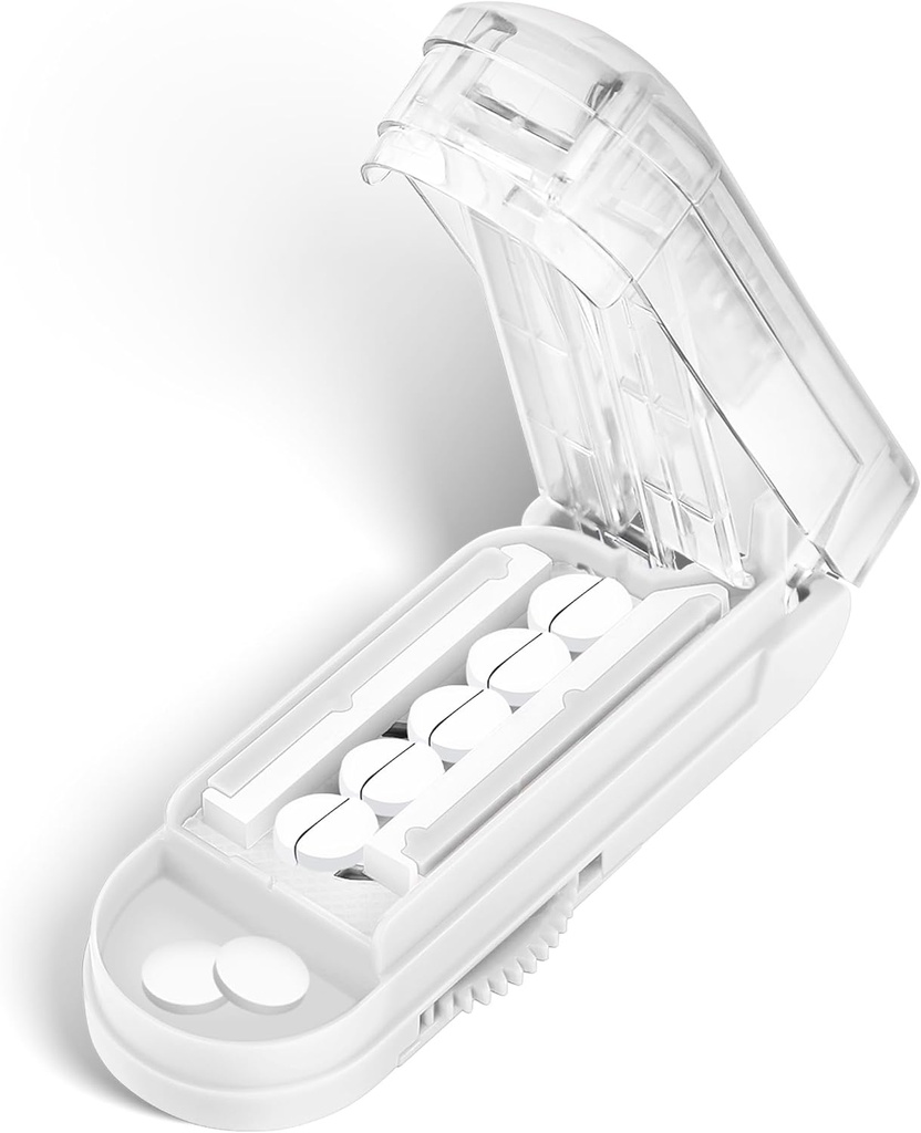 DUBSTAR Splitter Pill Cutter pour les petites et les petites pilules, Multiple Pill Cutters pour les petites ou les grandes pilules, Ajustable Pill Splitter avec dispositif de centrage et Blade Guard pour les tablettes multiples (blanc clair)