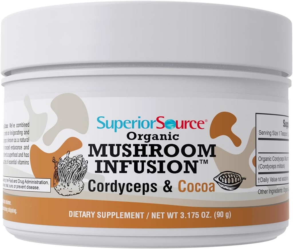 Superior Source Organic Mushroom Infusion - Cordyceps & Cocoa, Artan Enerji, Stamina & Endurance, Anti-Aging Properties, Heart Health, Gənc Immune Support, 45 Xidmət, Qeyri-GMO