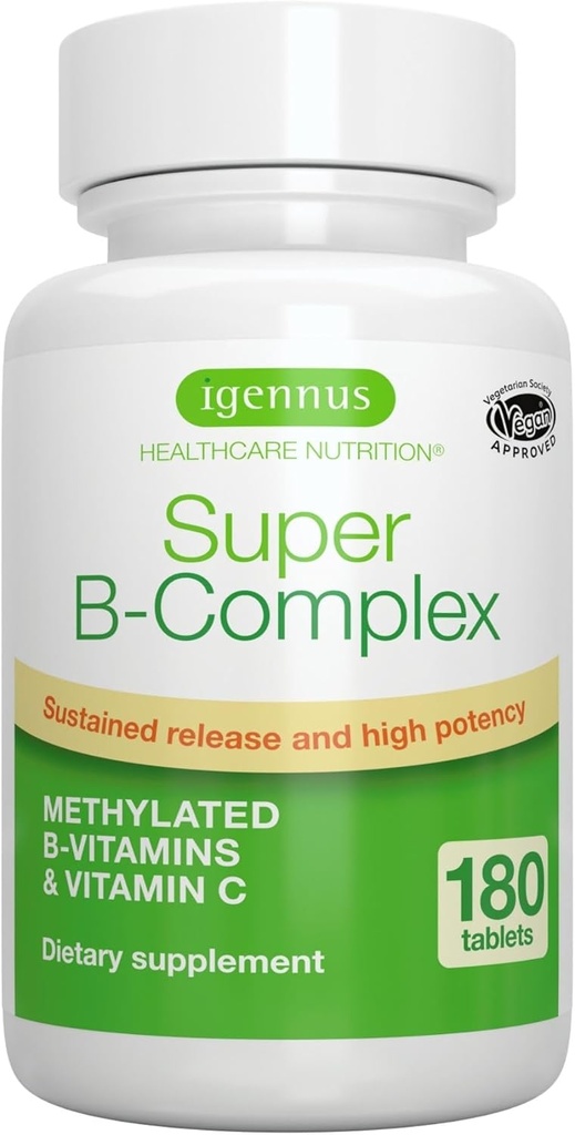 Igennus Super B-Complex Methylated B-Vitamins, תוסף MTHFR עם Methylfolate & B12 Methylcobalamin, High Bioavailability & Potency, טבעוני, מעבדה מאומת, 180 טבליות קטנות