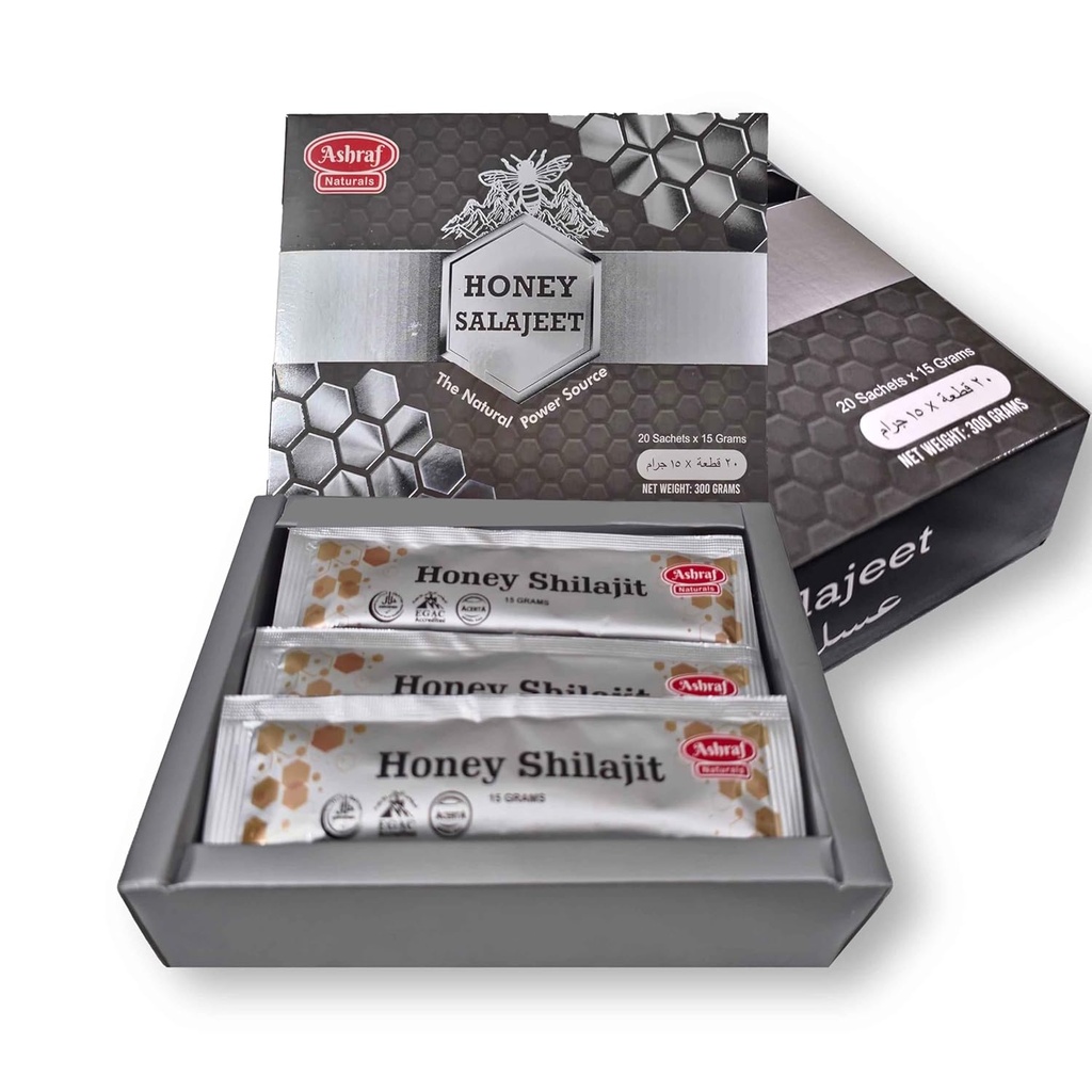 Natural Shilajit Honey Sticks 15 Gram Hver 20 Sticks - Shilajit Resin med Pure Raw Honey, Fulvic Acid & Trace Minerals, Plant baserede næringsstoffer til energi, Vitality & immunforsvar