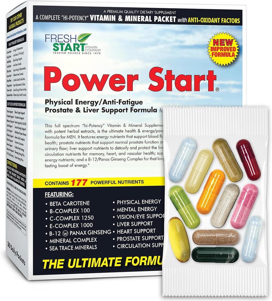 Power Start Kompletní denní vitamínový balíček 124; Pánská podpora zdraví, 10X Energy & Stamina Booster OF 124; Vitamin A, B, C, D, E, B12, Minerály, Tribulus, Maca, Epimedium, Tongkat Ali (30 Packets)