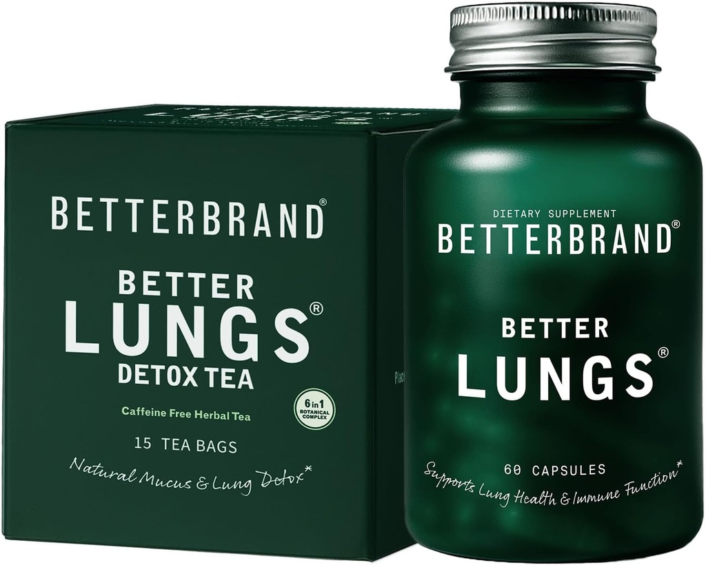 Betterbrand Better Lungs Health Pack - BetterLungs & BetterLungs Detox Tea Bundle - Daily Resporatory Health Supplement - 15X Травяные чайные пакетики + 60 капсул