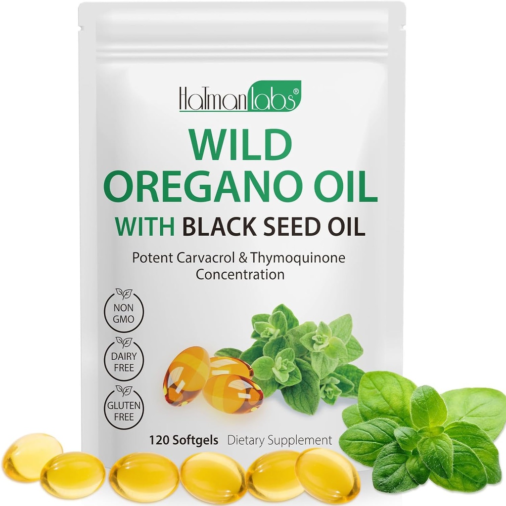 Óleo de Orégano com óleo de semente preta, óleo orgânico de Orégano Softgels, cápsulas de óleo de Oregano Orgânico, não-GMO, sem glúten,120