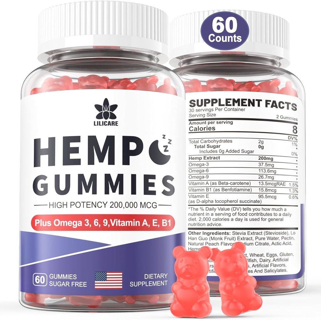 HempeTotalt hampe Gummies 200mg, høy potens Vegansk hampeolje med Omega 3 6 9, vitamin A、E & B1, null sukker, 60 gummier, 30 serveringer