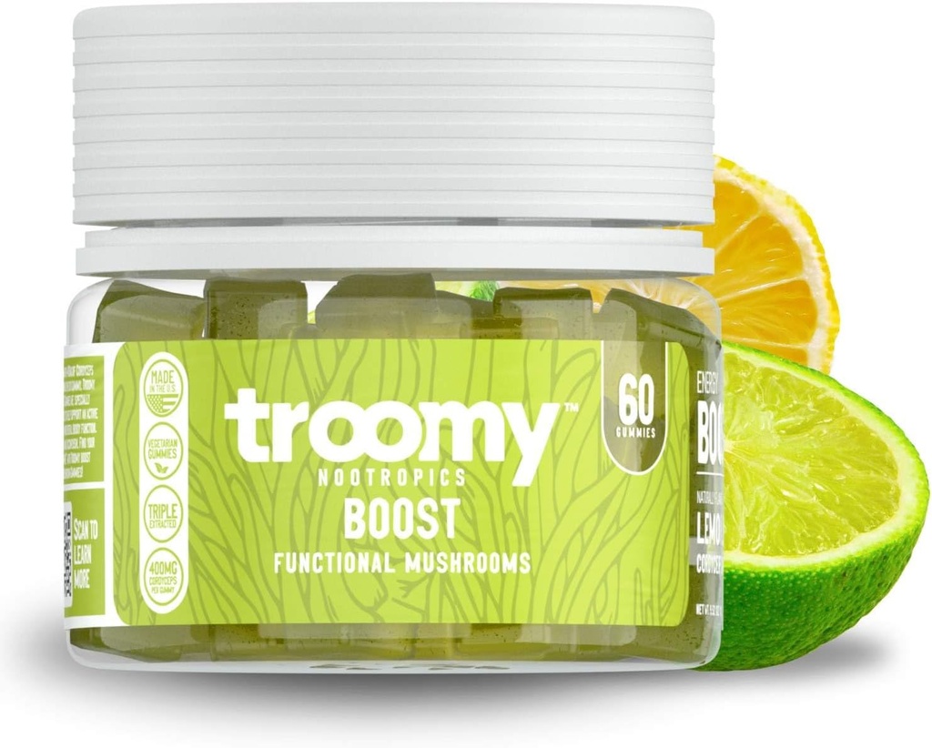 Troomy Boost Cordyceps All Natural Mushroom Gummies - Active Lifestyle & Hyper Focus - Limon Lime - 60 Count