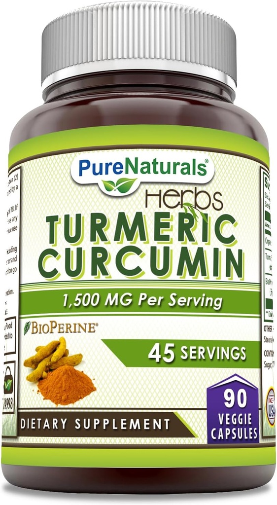 Pure Naturals Turmeric Curcumin ar Bioperine 2250 mg Per Servējuma papildinājums -- Veggie kapsulas -- Non-GMO ---Luten bezmaksas -Ražots ASV (1 Pack, 90 Count)