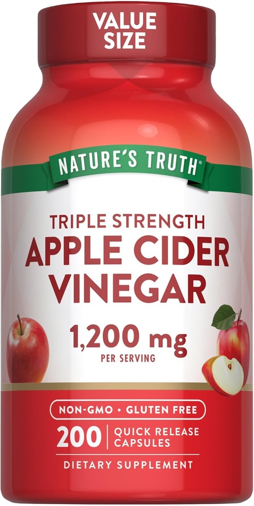 Naturens sannhet Apple Cider Vinegar Capsules | 1200mg | 200 piller ekstra styrke | verdi | Ikke-GMO, Glutenfri kosttilskudd