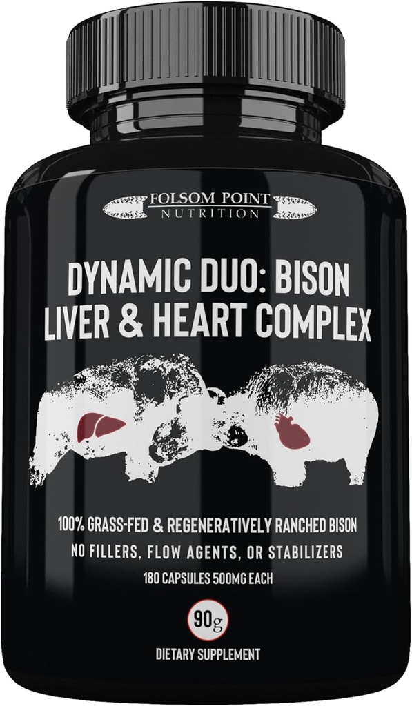 Dynamic Duo: 100% Grass-Fed Bison Liver & Heart Complex ← Desiccated Bison Liver and Heart Pill Supplement (Single Bottle) ← Made in USA