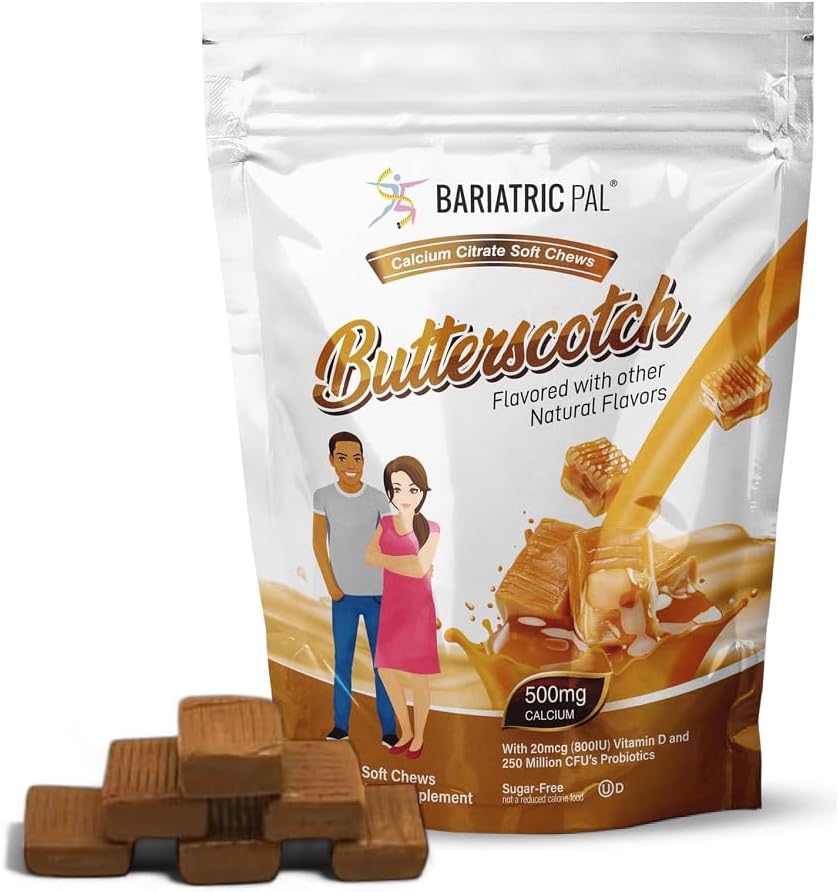 BariatricPal Free Calcium Citrate Soft Chews | 500 מ"ג עם ויטמין D & Probiotics | Butterscotch | 90 Count (1 חודש אספקה)