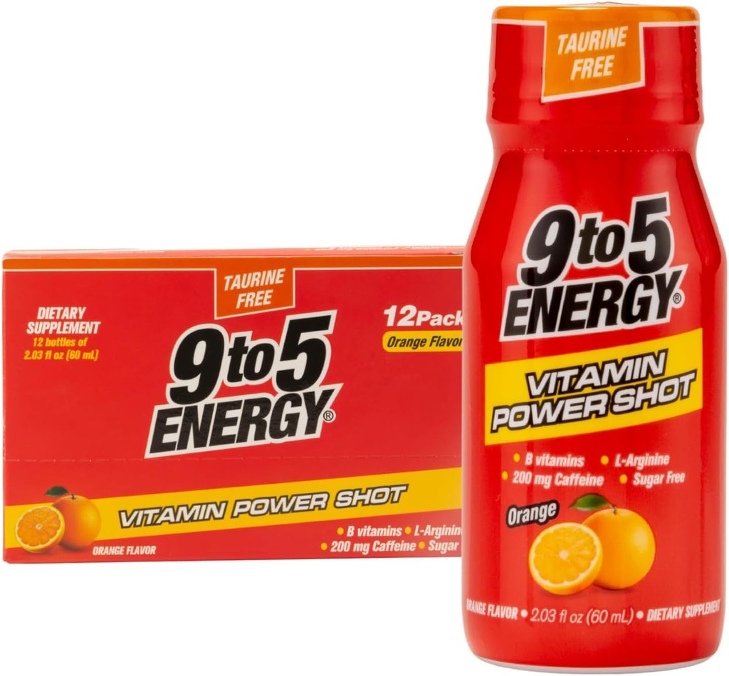 Vitamin Power Shot - Orange Flavor, Taurine-Free, Sugar-Free, 12 Pack (2.03 fl oz Each) - Boost Energy, Focus, and Vitality with B Vitamins and L-Arginine