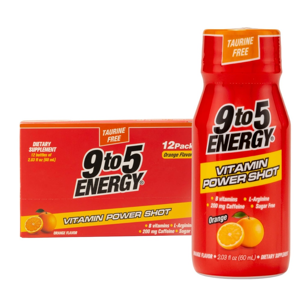 Vitamin Power Shot - Orange Flavor, Taurine-Free, Sugar-Free, 12 Pack (2.03 fl oz Each) - Boost Energy, Focus, and Vitality with B Vitamins and L-Arginine