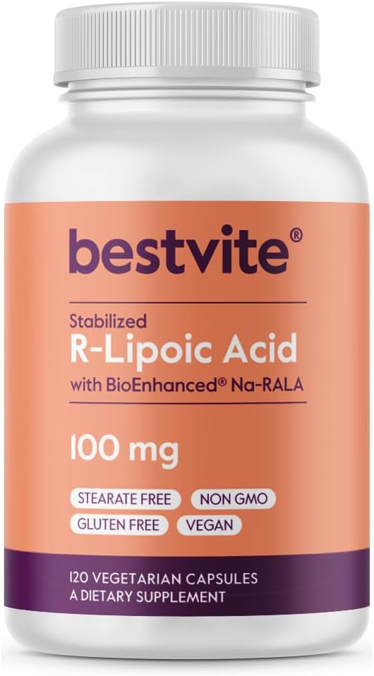 BESTVITE R- Lipoinsyre 100mg stabiliseret med Bio- Enhanced ® Na- RLA (120 vegetariske kapsler) Ingen stearater - Ingen flowmidler - Vegan - Non- GMO - Gluten Free