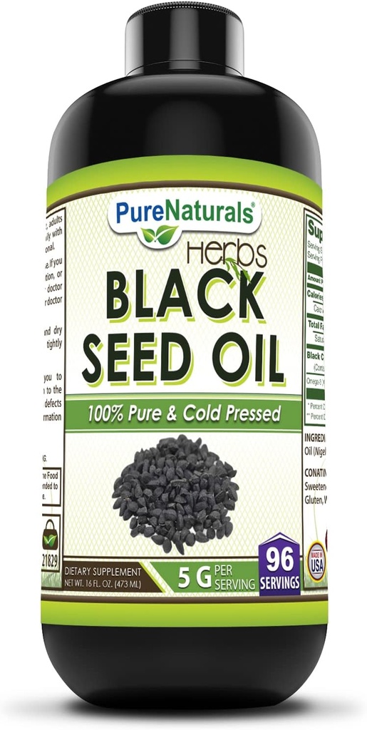 Naturales puros Black Seed Oil Supplement ← 16 Oz Silencio 5 G Por Serving Silencio 96 Servings Per Bottle ← Non-GMO SilencioGluten-Free TEN Made in USA