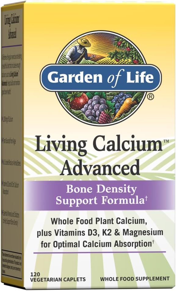 גן החיים Calcium Advanced Bone Density Support פורמולה, 1000 מ"ג צמחי מזון שלם Calcium Plus ויטמינים D3, K1 ומגנזיום עבור Absorption, 120 Vegetarian Caplets