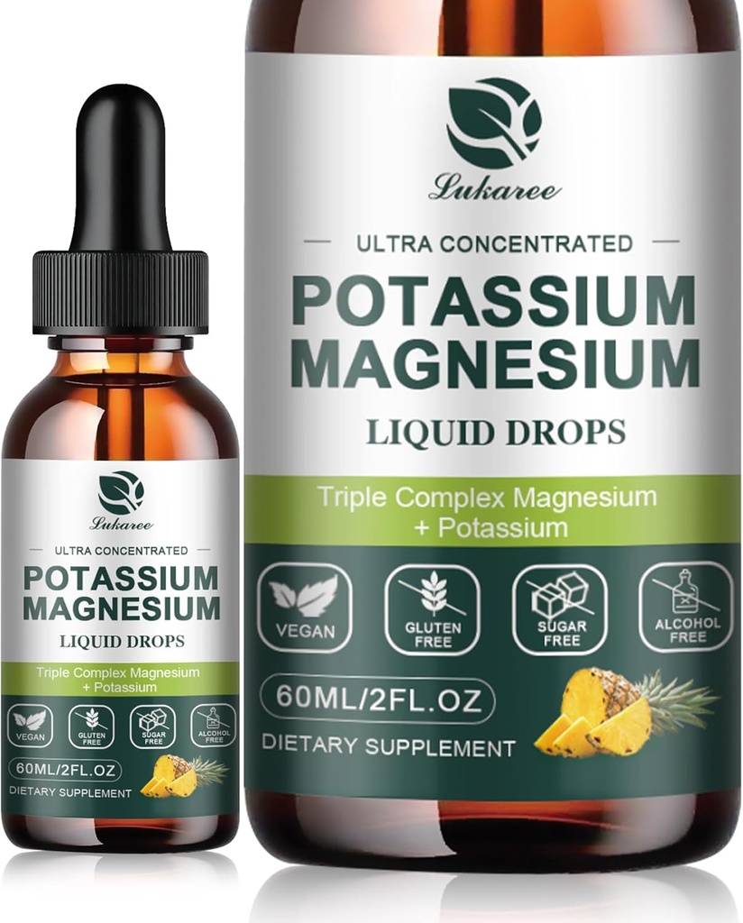 Suplemento de magnésio de potássio Líquido w/Triple Complexo de magnésio Glycinate & Potássio Plus Omega 3, Sea Moss, Semente Negra, D3K2 & Cálcio para Zzz, Cães Pernas & Muscle-4 FL OZ Drop