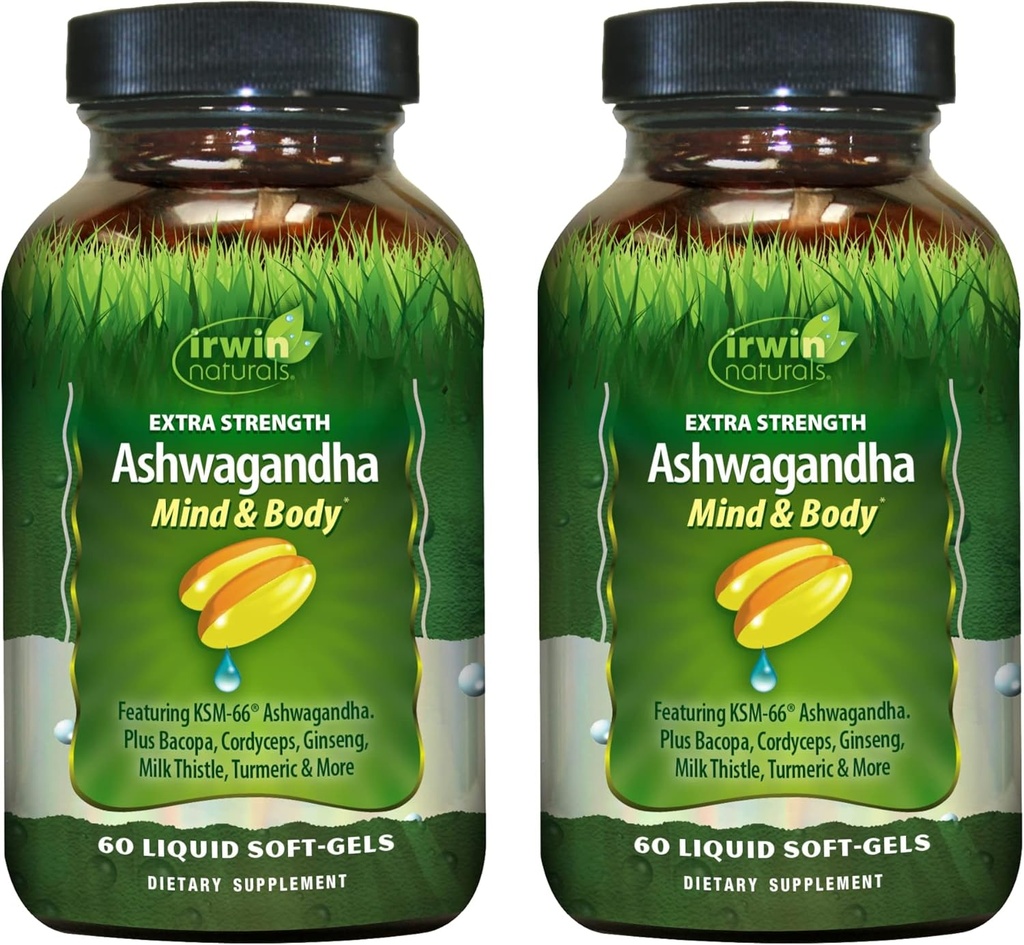 Irwin Naturals Extra Strength Ashwagandha - 60 Liquid Soft-Gels - helpt fysieke en geestelijke prestaties te versterken - met Tumerische en melkdistel - 60 porties