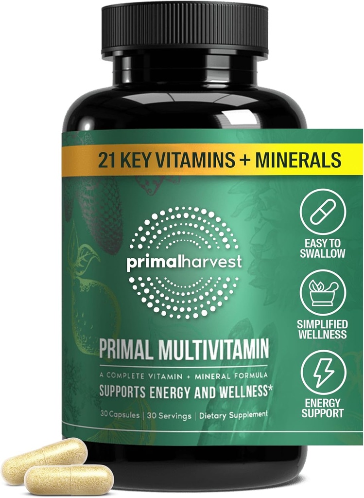 Primal Harvest Primal Multivitamin - Qadınlar və Kişilər üçün 21 Essential Vitaminlər və Minerallər ilə Daily Multi-Vitamin Təhlükəsizlik - Vitamin A, C, D, E, B12, B6, Biotin, Folic Acid, sink, Copper & Selenium