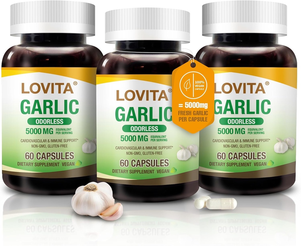 Lovita Capsules d'ail sans odorat, 5000mg équivalent d'ail frais, 1,25% extrait d'allicine, soutient le cœur, la pression artérielle, le cholestérol et le système immunitaire, non-OGM, sans gluten, 180 capsules véganes