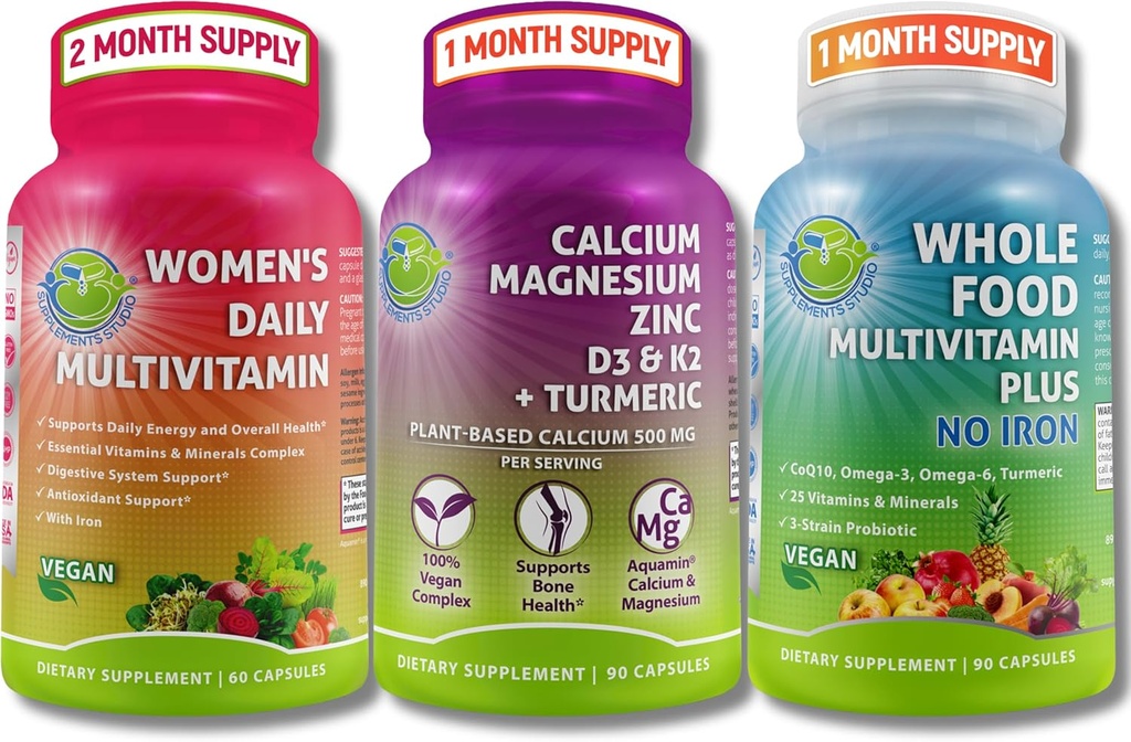 Vegan Multivitaminai & Calcium Trio - Visas maistas Multivitaminas su geležimi + Moterys Dienos multivitaminas su geležimi + Plant-based Calcium, Magnis, Cinkas, D3, K2 & Turmeric - Energija, Kaulai ir imuninė parama