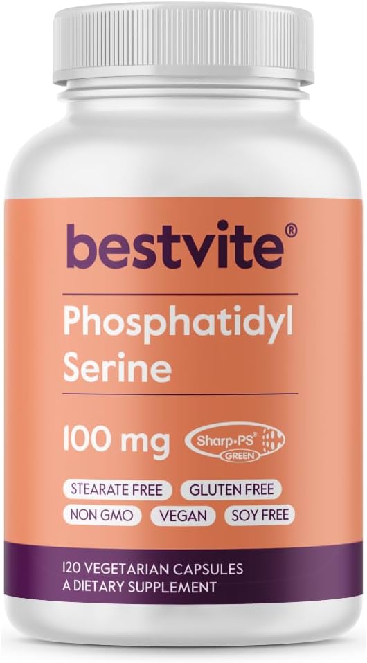 BESTVITE Fosfatidylseriini 100 mg per kapseli (120 kasviskapselia) Sharp-PS® Green - Patentoitu ja kliinisesti testattu - Stearate ilmainen - soijaton - Gluteeniton - Vegan - ei GMO