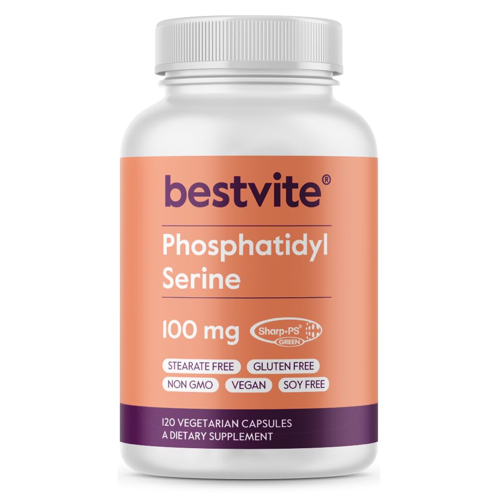 BESTVITE Phosphatidylserine 100mg per Capsule (120 Vegetarian Capsules) with Sharp-PS® Green - Patented and Clinically Tested - Stearate Free - Soy Free - Gluten Free - Vegan - Non GMO