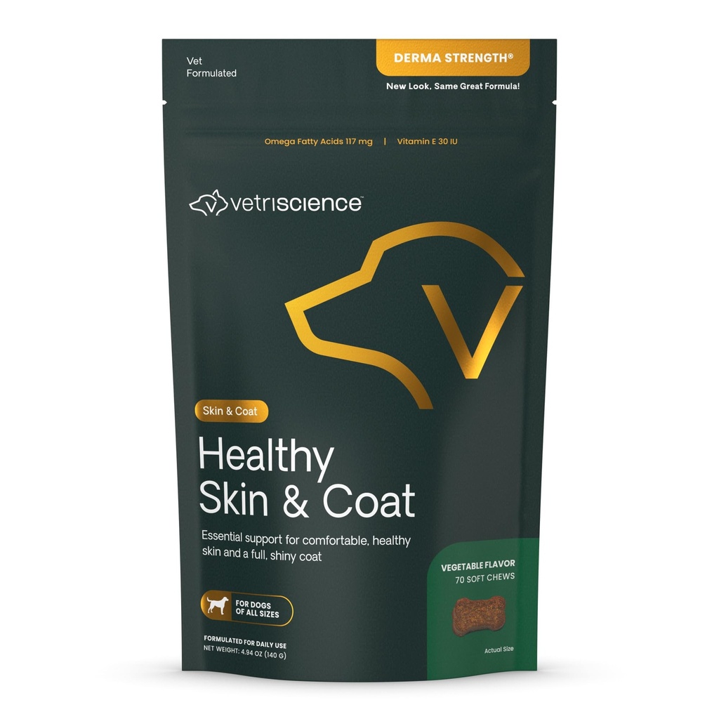 VetriScience Healthy Skin & Coat Chews, Derma Strength Omega-3 Salmon Oil Supplement for Dogs, Omega Skin and Coat Chews, Skin Health, Coat Growth, Veggie, 70 Count