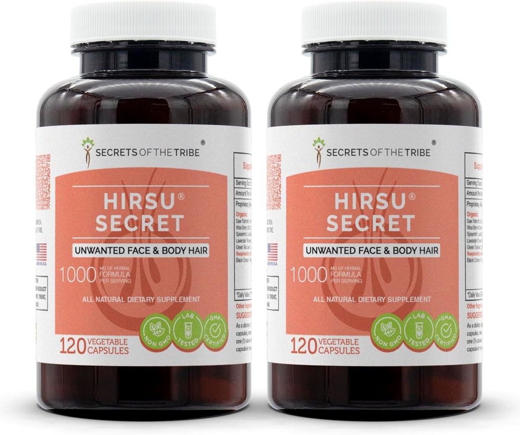 Hirsu Secret 120 Capsules(2 pz.), 1000 mg, Saw Palmetto, Black Cohosh, Vitex, Spearmint, Lavanda, The verde. viso e capelli corpo indesiderati (2x120 capsule)