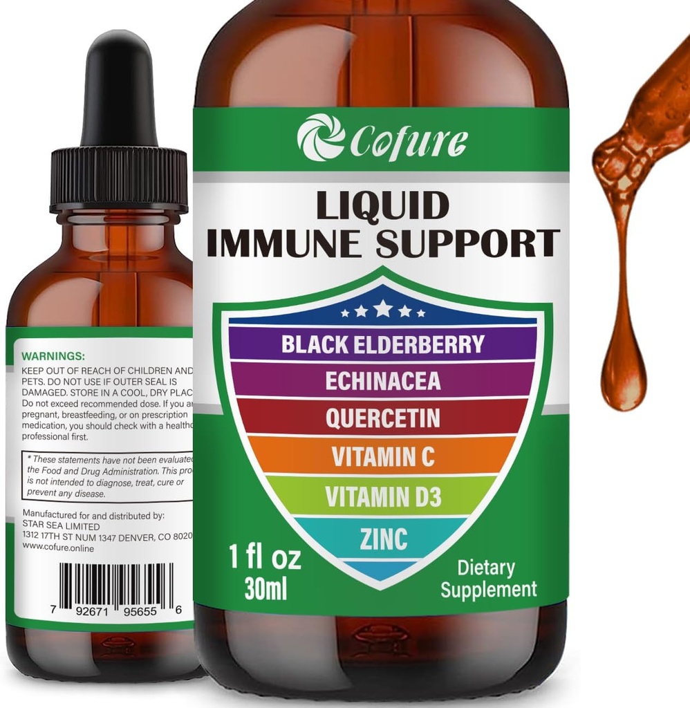 Zinc Quercetin Vitamin C D3 Liquid Immune Support with Organic Echinacea Elderberry, Immune Defense Drops Supplement for Adults- Vegan, Non-GMO, Gluten Free, 1 Fl Oz
