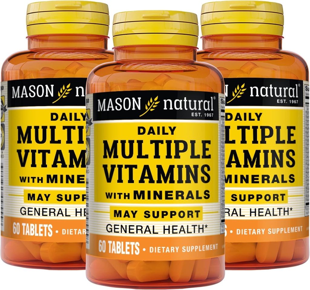 MASON NATURAL Daily Multiple Vitamine cu Minerale - 24 Vitamine și Minerale esențiale, toate într-o singură multivitamină, susține sănătatea generală, 60 comprimate (Pachet de 3)