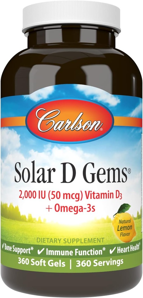 Carlson - D Gems, vitamin D3 và Omega-3 Phụ năm 2000 IU (50 mcg), 115 mg Omega-3s EPA và DHA phụ trợ hoang dã, bắt cóc, duy trì nguồn gốc, chanh, 360 độ mềm