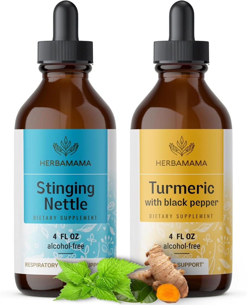 Kit de gotas líquidas de ervas HERBAMAMA - pacote de maçaneta e curcumina cúrmica da picada 4 fl oz - Vegan, Não-GMO, Açúcar & Álcool - 2 Pack