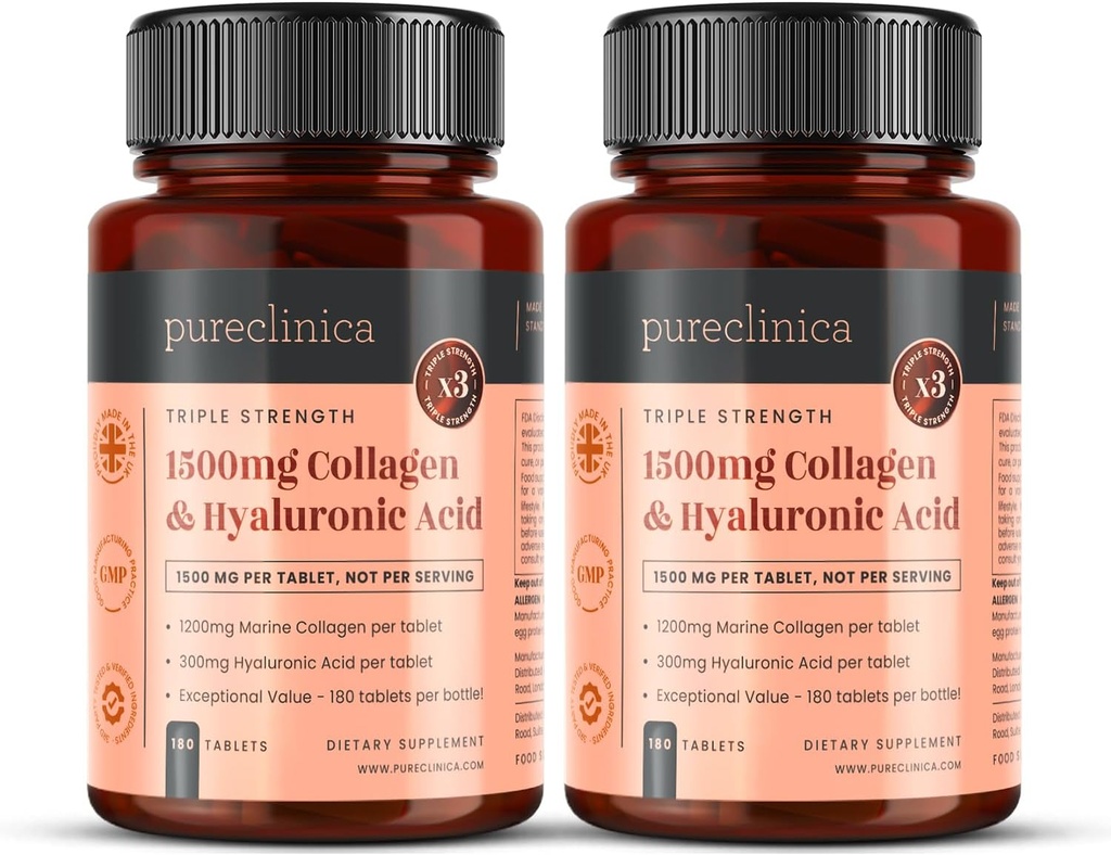 pureclinica UltraColl Collagen & Hyaluronic Acid 1500mg x 360 Tablets (2 Bottles of 180) - 1 Years Supply