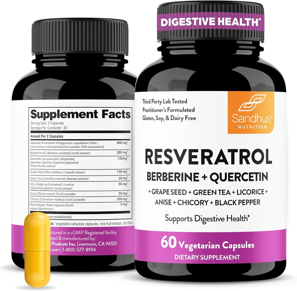 Sandhu's Resveratrol with Berberine for Gut Health | Digestive Supplement for Women & Men | Green Tea, Star Anise, DGL, Grape Seed Extract & Quercetin | Eases Bloating | 60 Capsules (Pack of 1)