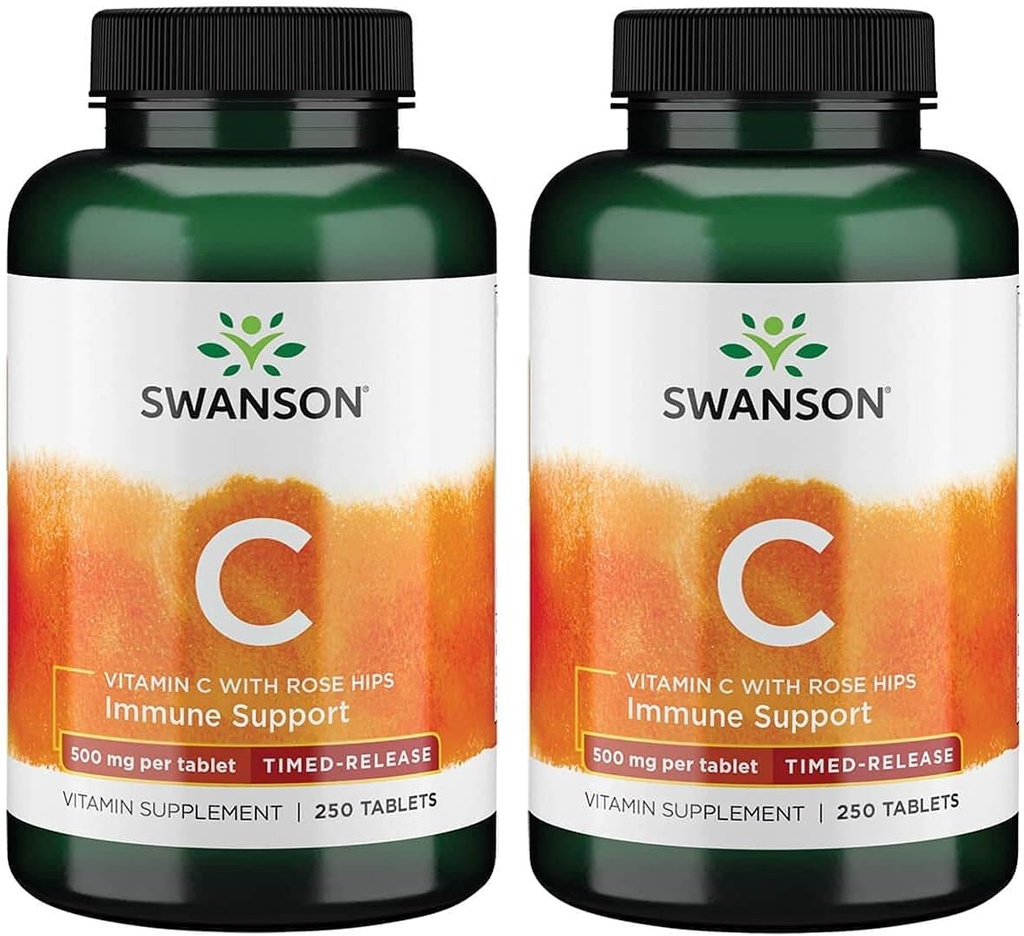Swanson Tidsbelagt vitamin C med rose HIPS immunsystem støtte hud kardiovaskulær helse Antioksidant Supplement 500 mg 250 tabletter (Tabs) (2 pakke)