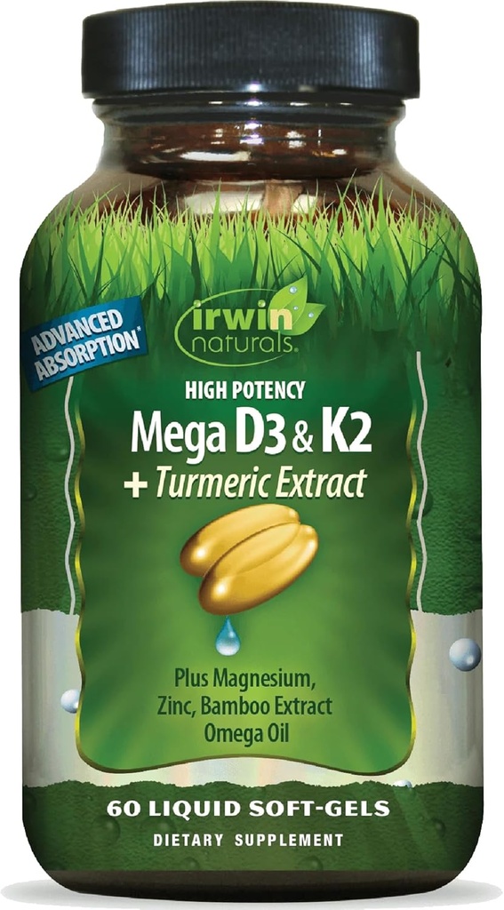 Irwin Naturals High Potency Mega D3 & K2 + Gurkemeje Extract - 60 flydende bløddele - Sunde knogler & immunfunktion