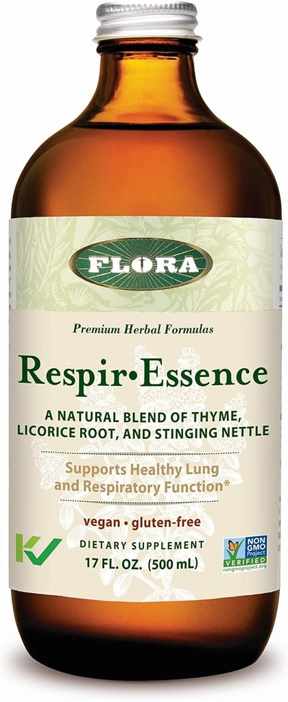 Flora - Respir-Essence - Apoia a saúde pulmonar e respiratoria - Contén Thyme, Licorice Root, Elecampane & More - Non-GMO, Vegan, Gluten-Free & Kosher - 17 fl. oz. Botella de vidro
