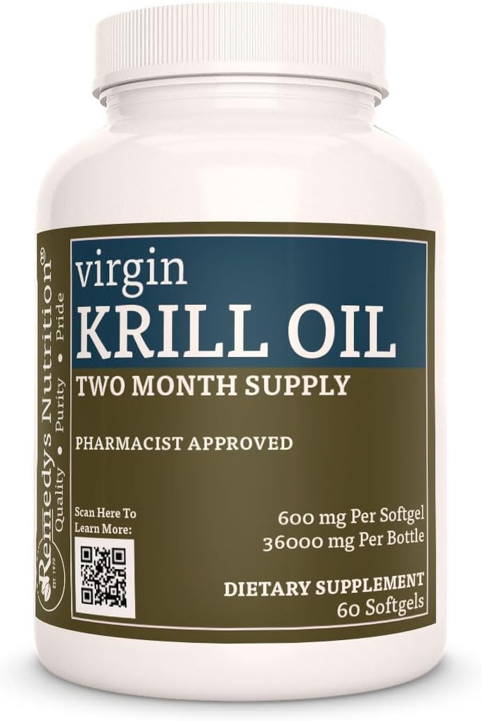 "Remedy 's Nutrition Virgin Krill Oil (Omega-3 Fatty Acids: EPA & DHA) 14; 600 mg, 60 Softgeels Diet Suppplemen 124; Dua Bulan Supply
