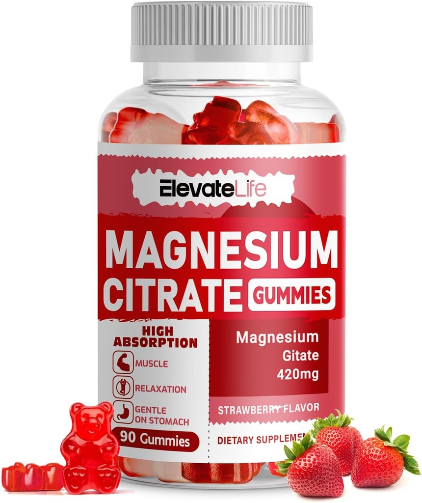 Magnesium Citrate Gummies 420mg per Serving - 90 Vegan Gummies - Podporuje zdravou relaxaci, svalovou, kostní a energetickou podporu (90 Jahodové gumy)