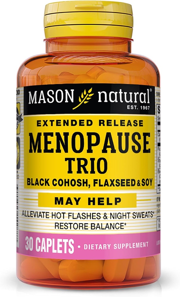 Mason Natural Menopause Trio: Black Cohosh, Flaxseed, & Soy (Extended Release) - Maj Allequate Hot Flashs & Night Sweats *, Understøtter sund Hormone Balance *, 30 kapsler
