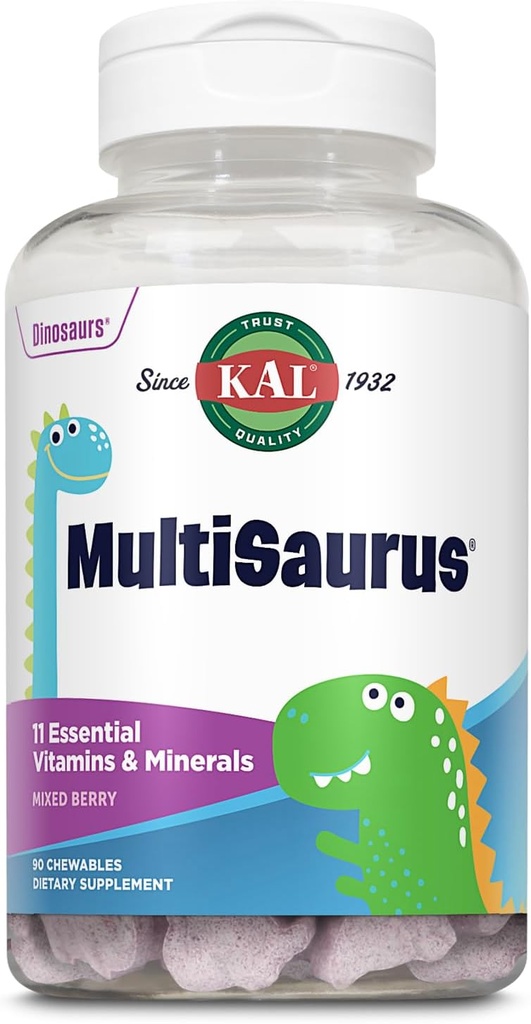 KAL MultiSaurus Kids Chewable Multivitamins, 11 Vitaminer och mineraler för barn, blandad Berry smak, gluten och konserveringsfri, 90 portioner, 90 Dinosaurieformade tuggbara
