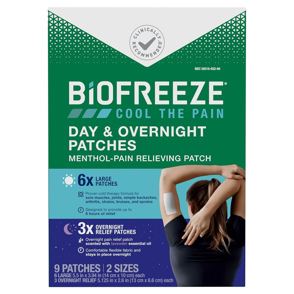 Biofreeze Day &amp; Overnight Pain Relief Patches, Menthol Pain Patches for Arthritis &amp; Muscle Pain Relief, Comfortable & Flexible Fabric Stays in Place, FSA/HSA Eligible, 9 Patches (6 Day, 3 Night)